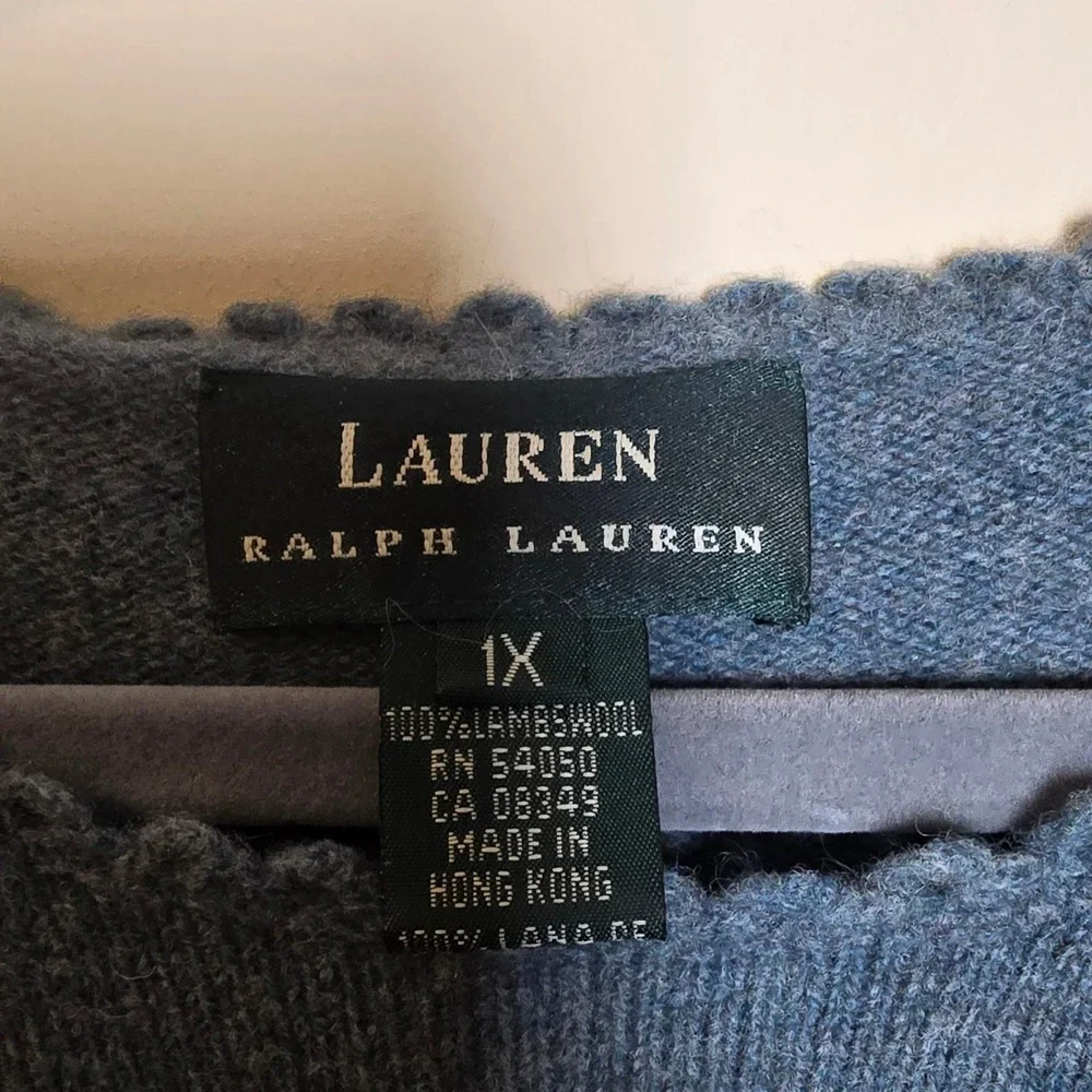 Lauren Ralph Lauren Blue 100% Lambswool Floral Intarsia Scallop Trim Sweater 1X